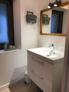 een badkamer met een wastafel, een spiegel en een bad bij Maison grande terrasse magnifique vue sur l'Aber Wrac'h in Landéda