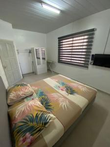 Cama grande en habitación con ventana en Kappa's place Hendrika veldkampstraat 55A, en Paramaribo