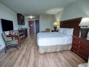 um quarto de hotel com uma cama, uma secretária e uma cozinha em Treasure Bay Resort & Marina em St Pete Beach