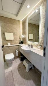 a bathroom with a sink and a toilet and a mirror at Amazing Modern Spacious Studio at Sky Gardens DIFC in Dubai