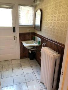 baño con lavabo, espejo y radiador en NEW! Apartment in Historic Mansion. Location! Views!, en Denver