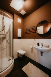 La salle de bains est pourvue de toilettes, d'un lavabo et d'une douche. dans l'établissement LLR Design Apartment - Sepia Toffee im Zentrum von Koblenz, à Coblence