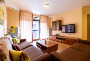 a living room with a couch and a flat screen tv at Apartmán Slnečnica in Tale