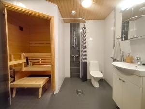 ein Bad mit einer Dusche, einem Waschbecken und einem WC in der Unterkunft Tilava Saunallinen Kaksio Parkkipaikalla in Tampere