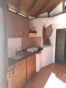 a kitchen with wooden cabinets and a sink at Casa Cueva Manuel y María in El Juncal