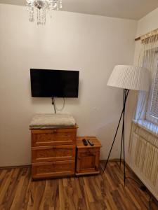 a living room with a flat screen tv and a lamp at Ubytovanie Janka in Turany