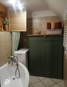 a bathroom with a green cabinet next to a toilet at Chatka Koniaków 7 in Koniaków