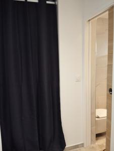 een zwart douchegordijn in een badkamer naast een toilet bij Studio le pont de claix in Le Pont-de-Claix