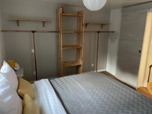 a bedroom with a bed and a book shelf at La Har'Elle in Château-Gontier