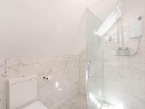 a white bathroom with a shower and a toilet at Three Gables in Kirklington