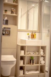 a bathroom with a toilet and a sink at Hotel Holloway in Birmingham