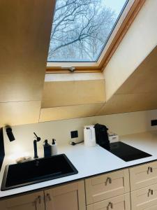 a kitchen with a sink and a skylight at Amber bay in Juodkrantė