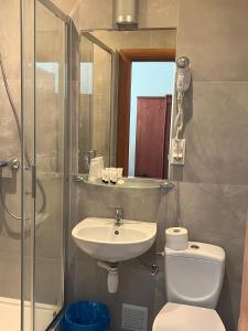 a bathroom with a sink and a toilet and a shower at Hotel Vistula in Krak&oacute;w
