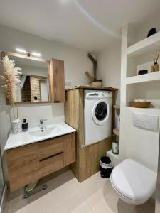 y baño con lavabo y lavadora. en Studio cosy, en Oye-et-Pallet