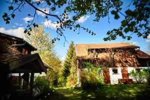 ein altes Haus mit rostigem Dach im Gras in der Unterkunft Siedlisko pod dębem Kalnik in Kalnik