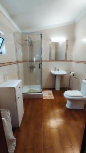 uma casa de banho com um chuveiro, um WC e um lavatório. em Casa Lopes no Alpalhão