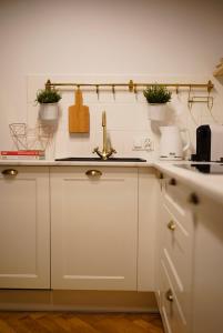 a kitchen with white cabinets and potted plants on the wall at Art Apartment Bydgoszcz in Bydgoszcz