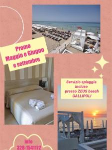 un collage de fotos con una cama y una playa en Bed & Breakfast Villa Michela Alezio, en Alezio