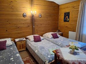 two beds in a room with wooden walls at Dom Gościnny Dudek in Krynica Zdrój