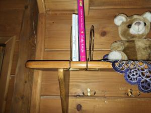 a teddy bear sitting on a shelf with books at Dom Gościnny Dudek in Krynica Zdrój