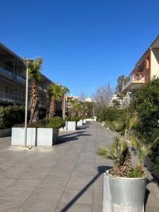 a walkway with palm trees and buildings in the background at AppartCanet in Canet-en-Roussillon