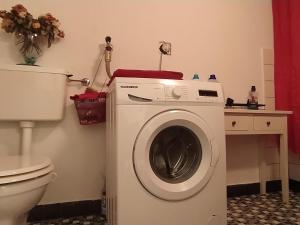 - un lave-linge dans une salle de bains à côté des toilettes dans l'établissement Dom wiejski Artur, à Goldingen