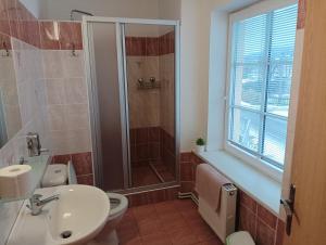 a bathroom with a shower and a toilet and a sink at Hostinec Peterka in Šumperk