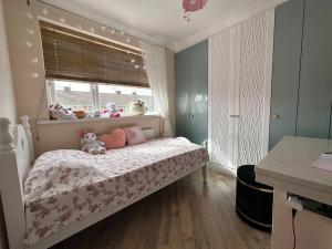 ein Schlafzimmer mit einem Bett mit Kissen und einem Fenster in der Unterkunft Lovely 3 bedrooms house 4 guests in Beverley