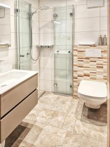 ein Bad mit einer Dusche, einem WC und einem Waschbecken in der Unterkunft Appartements & Chalets Wiesenruh in Bichlbach