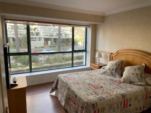 - une chambre avec un lit et une grande fenêtre dans l'établissement Primera línea Coraceros, minimo reserva 3 noches, à Viña del Mar