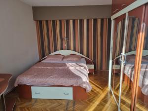 a bedroom with a bed and a striped wall at Nice & Relaxing Central Apartment in Baia Mare