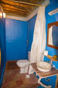 baño con aseo y pared azul en Kasbah Omari, en Tinerhir