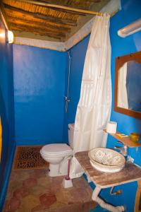 a bathroom with a toilet and a blue wall at Kasbah Omari in Tinerhir