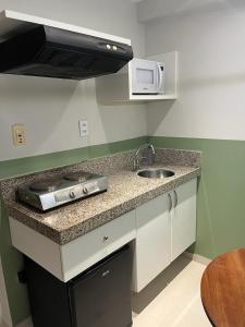 a kitchen counter with a sink and a microwave at American Flat in São Luís