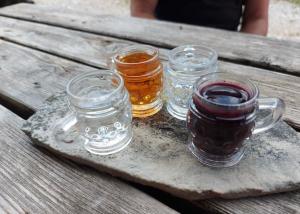 four glass jars of honey on a wooden table at FeWo HansUndChrista in Mariapfarr +23 photos