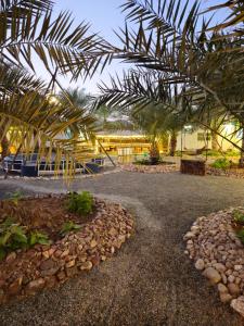 um jardim com uma palmeira e um edifício em Hatta Farm caravan em Hatta
