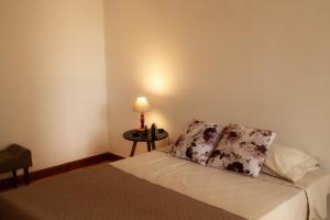 a bedroom with a bed with a pillow and a lamp at Apartamento Gutierrez 02 in Belo Horizonte