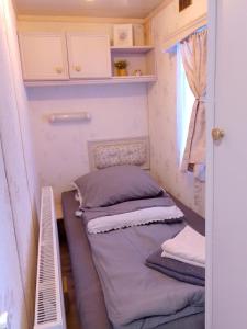 a small bedroom with two beds in a tiny house at Riverside Caravan in Valea Drăganului