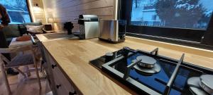 a kitchen with a stove top oven in a room at UnwindCabin Sohl in Bad Laasphe