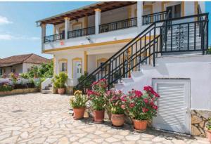 a house with potted flowers in front of it at Aleka apartment 2 in Agios Georgios