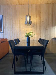 a dining room table with chairs and a potted plant at RzepiskaView in Rzepiska