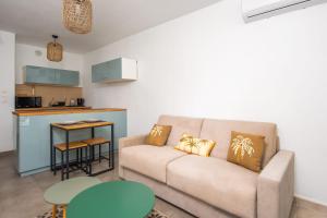 ein Wohnzimmer mit einem Sofa und einer Küche in der Unterkunft Studio Port Golfe-Juan Parking Wifi Climatisation Terrasse in Vallauris