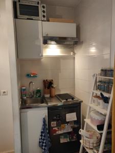 una pequeña cocina con fregadero y microondas en Cozy Gateaway, en Neuilly-sur-Seine