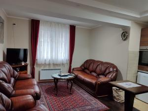 a living room with two leather chairs and a table at WEGA Star Apartmani in Brzeće
