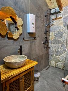 La salle de bains est pourvue d'un lavabo et d'une douche. dans l'établissement Zamane evleri, à Çamlıhemşin