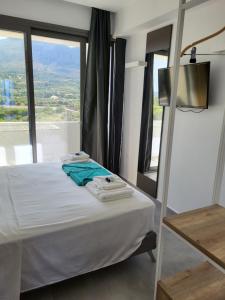 sypialnia z łóżkiem i dużym oknem w obiekcie Ionian Sea Villas w mieście Paleros