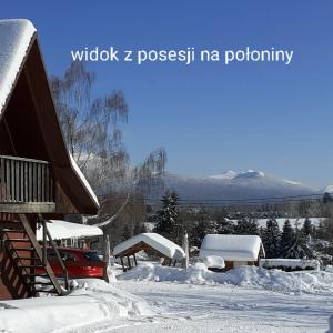 a house covered in snow with a mountain in the background at Agroturystyka U BOŻENY in Przysłup