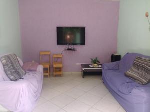 ein Wohnzimmer mit zwei lila Sofas und einem Flachbild-TV in der Unterkunft Família Souza in Cabo Frio