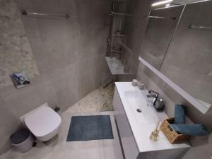 a bathroom with a toilet and a sink and a shower at Brand new flat with courtyard and private parking! in Athens