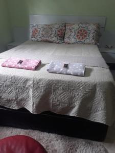 Una cama con dos almohadas encima. en Hostel Santa Luzia en Viçosa